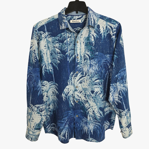 Tommy Bahama Island Zone Linen Shirt Size Medium Blue Indigo Evening Beach Aloha - Picture 2 of 13